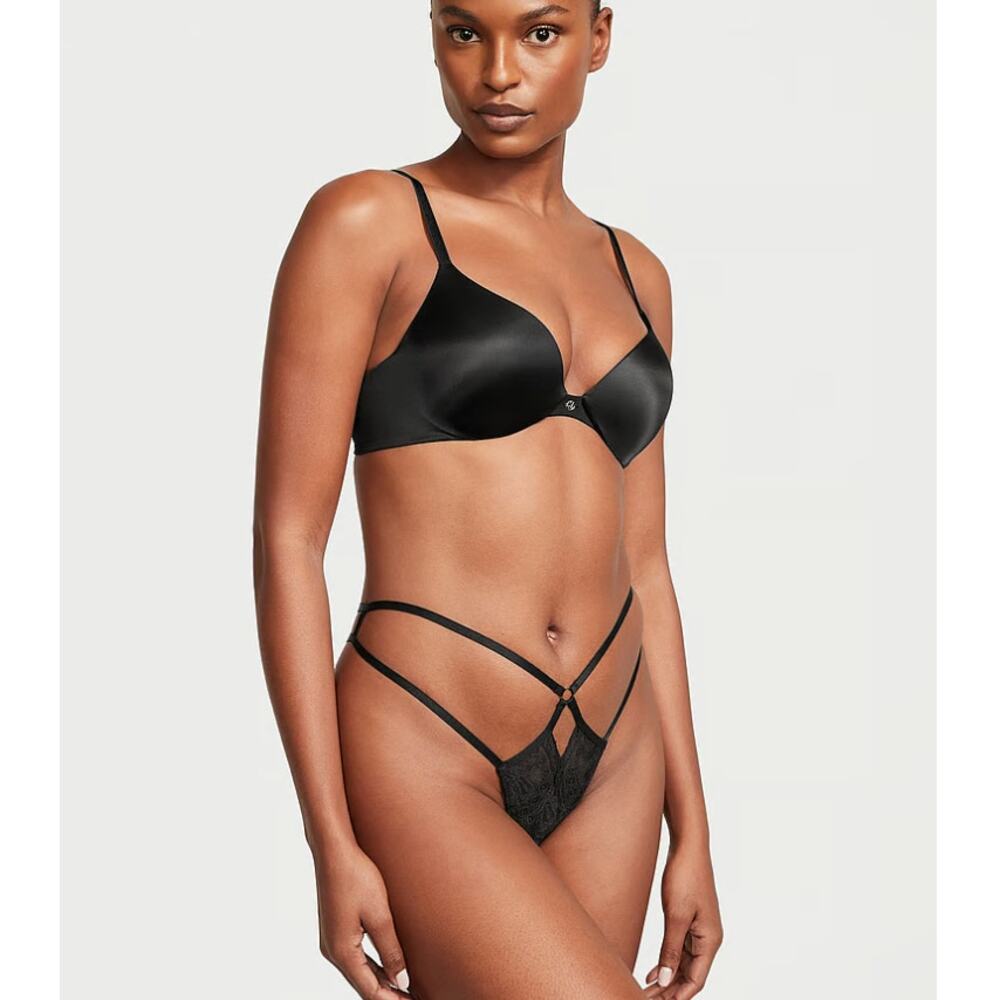 Victoria's Secret Size L Black Very Sexy Crotchless Lace Strappy Thong Panty